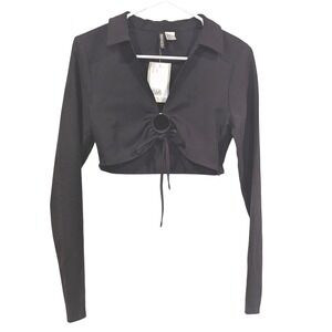 H&M‎ Divided Black Long Sleeve Crop Top Ring Detail Collared Shirt Size Small